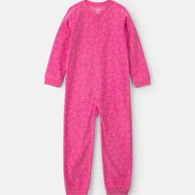 Girls 1-Piece Smiley Faces Fleece Loose Fit Pajama - Pink