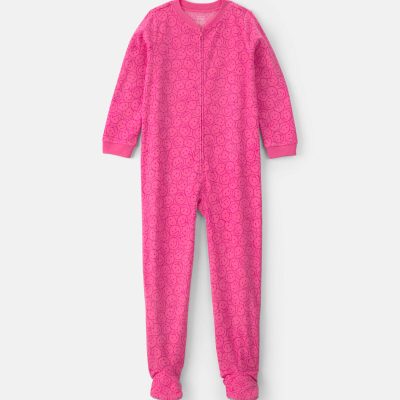 Girls 1-Piece Smiley Faces Fleece Loose Fit Footed Pajama - Pink