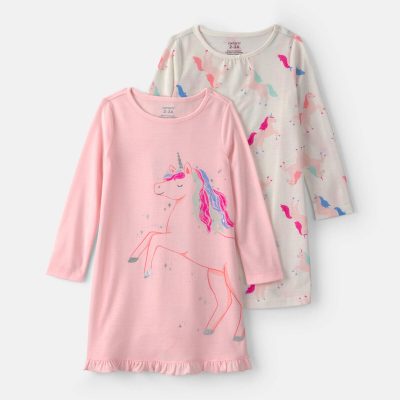 Girls 2-Pack Unicorn Loose Fit Night Gown - Pink