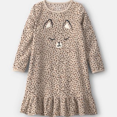 Girls Leopard Fleece Loose Fit Night Gown - Brown
