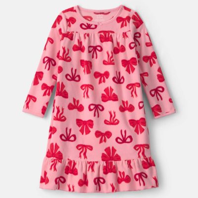 Girls Bows Fleece Loose Fit Night Gown - Pink