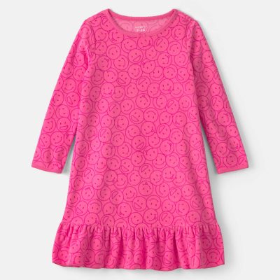 Girls Smiley Face Fleece Loose Fit Night Gown - Pink