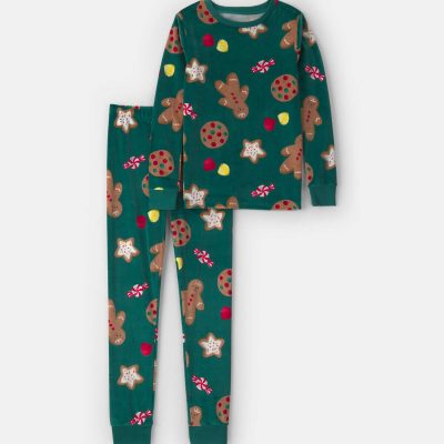 Kids 2-Piece Christmas Gingerbread DreamPlush Snug Fit Pajama Set - Green