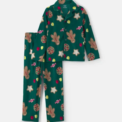 Kids 2-Piece Christmas Gingerbread Fleece Loose Fit Pajama Set - Green