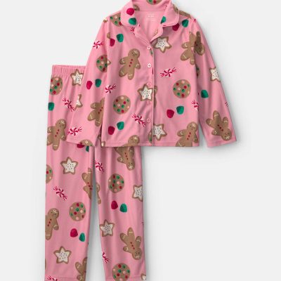 Girls 2-Piece Christmas Gingerbread Fleece Loose Fit Pajama Set - Pink