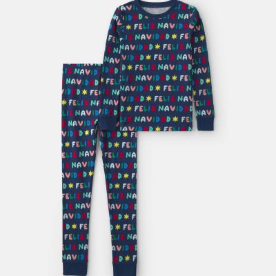 Kids 2-Piece 'Feliz Navidad' Christmas 100% Cotton Snug Fit Pajama Set - Navy Blue
