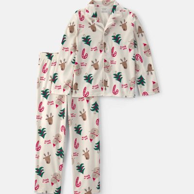 Kids 2-Piece Christmas Icon Fleece Loose Fit Pajama Set - Cream