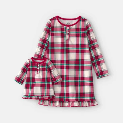 Girls 2-Pack Christmas Plaid Fleece Loose Fit Night Gown & Doll Gown - Red/Green