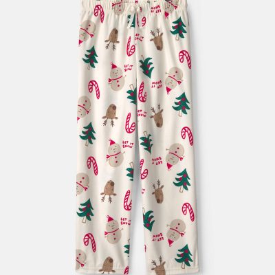 Kids Christmas Icon Fleece Loose Fit Pajama Bottoms - Cream