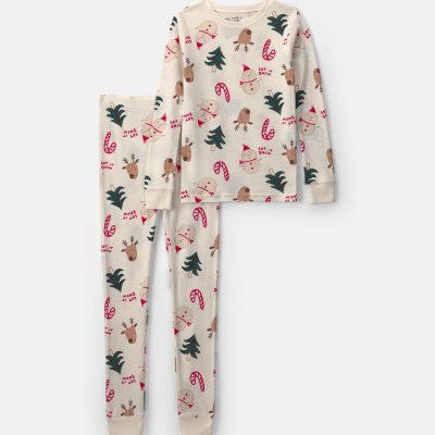 Kids 2-Piece Christmas Holiday Icon 100% Cotton Snug Fit Pajama Set - Cream