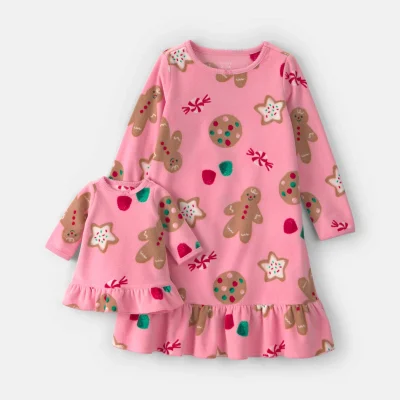 Girls 2-Pack Christmas Gingerbread Fleece Loose Fit Night Gown & Doll Gown - Pink