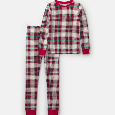 Kids 2-Piece Christmas Plaid 100% Cotton Snug Fit Pajama Set - Red/Green