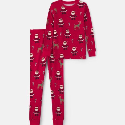 Kids 2-Piece Brown Santa Christmas 100% Cotton Snug Fit Pajama Set - Red