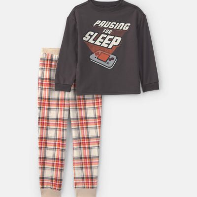 Boys 2-Piece Plaid Gamer Fleece Loose Fit Pajama Set - Grey/Orange