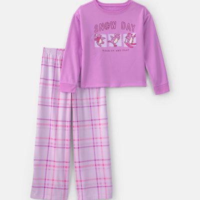 Girls 2-Piece 'Snow Day' Plaid Fleece Loose Fit Pajama Set - Purple