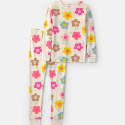 Girls 2-Piece Floral DreamPlush Snug Fit Pajama Set - White
