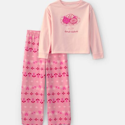 Girls 2-Piece 'Donut Worry' Fair Isle Fleece Loose Fit Pajama Set - Pink