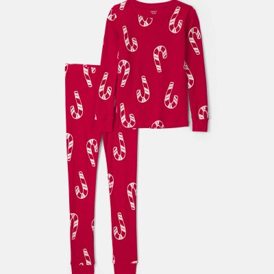 Kids Candy Cane Christmas Thermal Snug Fit 2-Piece Pajama Set - Red