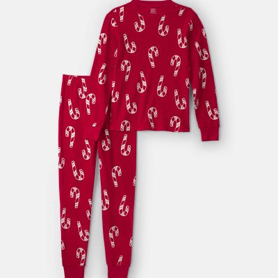 Adult Candy Cane Christmas Thermal Snug Fit 2-Piece Pajama Set - Red