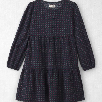 Girls Organic Cotton Dobby Dress in Navy Floral