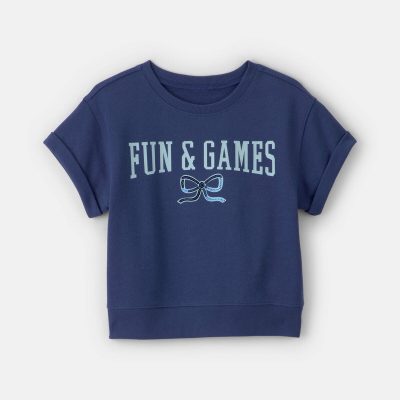 Girls 'Fun & Games' Bow French Terry Top - Navy Blue