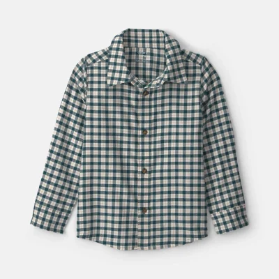 Boys Plaid Long-Sleeve Button-Down Shirt - Green/White