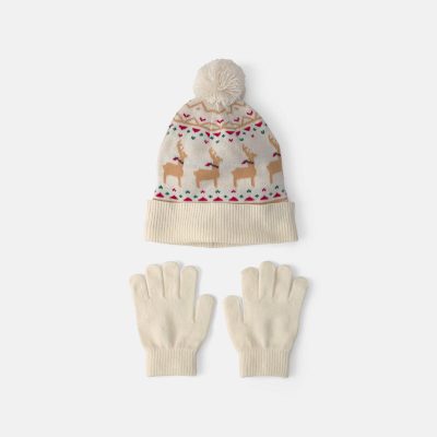 Kids 2-Piece Fair Isle Christmas Beanie & Glove Set - Cream