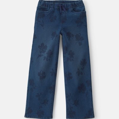 Girls Floral Denim Straight Jeans - Medium Wash