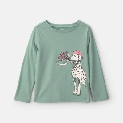 Girls Parisian Dog Long-Sleeve Graphic Tee - Green