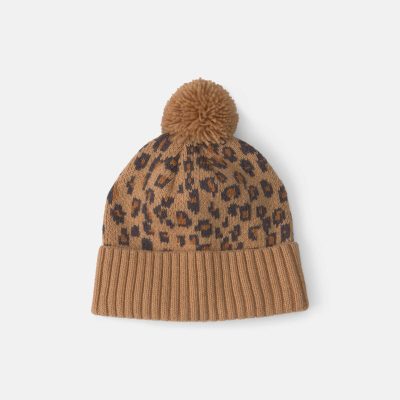 Girls Pom Leopard Beanie - Brown