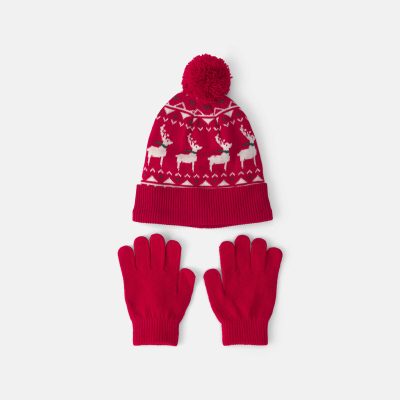 Kids 2-Piece Fair Isle Christmas Beanie & Glove Set - Red