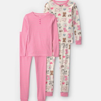Girls 4-Piece Pets 100% Cotton Snug Fit Pajama Set - Pink/Cream