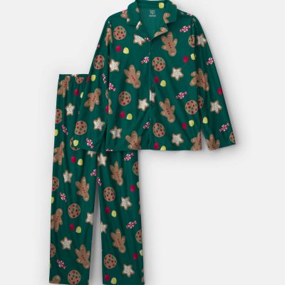 Adult 2-Piece Christmas Gingerbread Fleece Loose Fit Pajama Set - Green