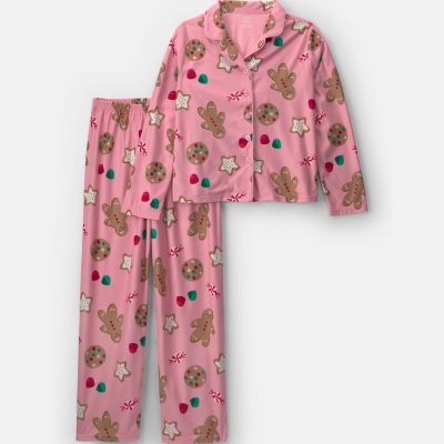 Adult 2-Piece Christmas Gingerbread Fleece Loose Fit Pajama Set - Pink