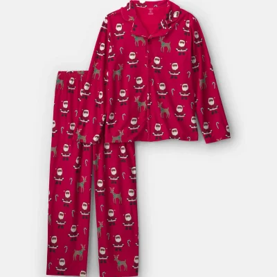 Adult 2-Piece Brown Santa Christmas Fleece Loose Fit Pajama Set - Red