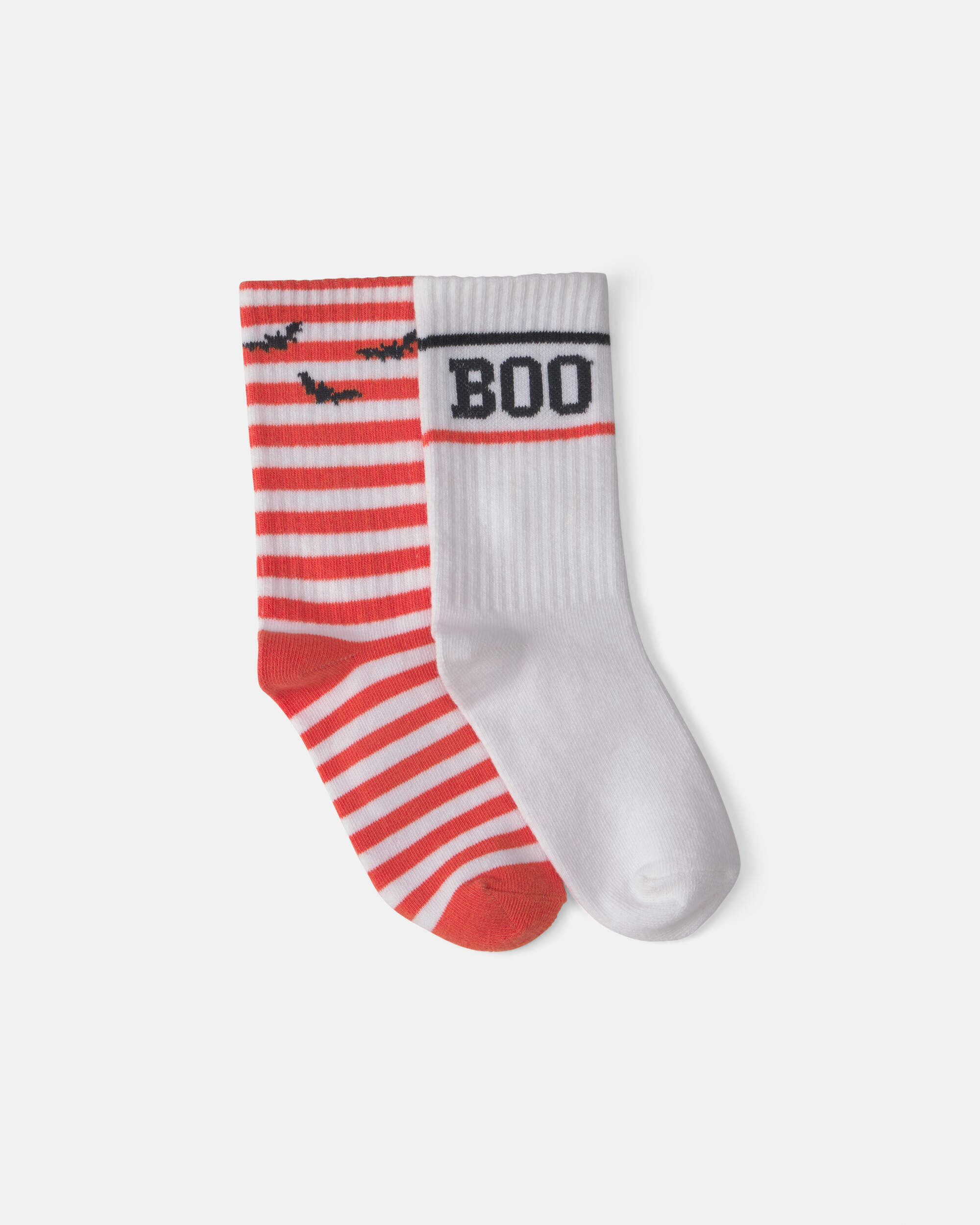 Kids 2-Pack 'Boo' Bat Striped Halloween Crew Socks - Orange/White - Image 2