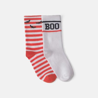 Kids 2-Pack 'Boo' Bat Striped Halloween Crew Socks - Orange/White