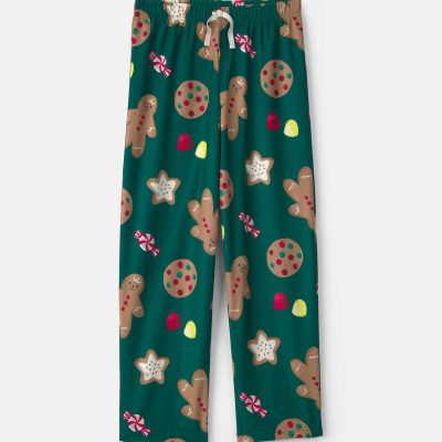 Kids Christmas Gingerbread Fleece Loose Fit Pajama Bottoms - Green