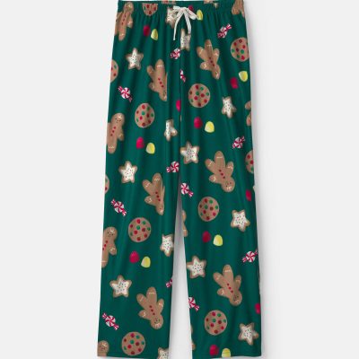 Adult Christmas Gingerbread Fleece Loose Fit Pajama Bottoms - Green
