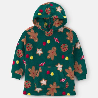 Kids Christmas Gingerbread Fleece Pajama Hoodie - Green