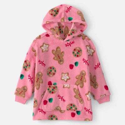 Girls Christmas Gingerbread Fleece Pajama Hoodie - Pink
