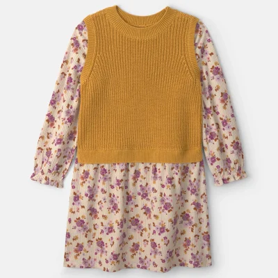 Girls Floral Long-Sleeve Dress - Yellow/Cream