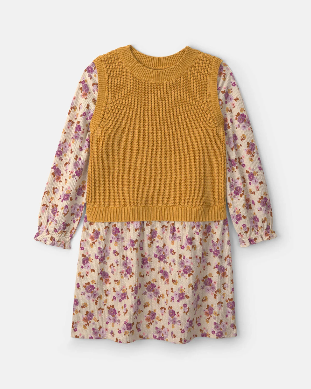 Girls Floral Long-Sleeve Dress - Yellow/Cream