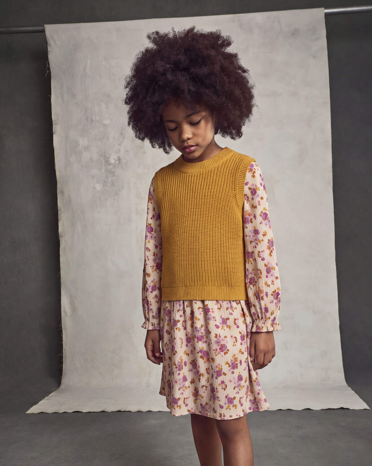 Girls Floral Long-Sleeve Dress - Yellow/Cream - Image 4