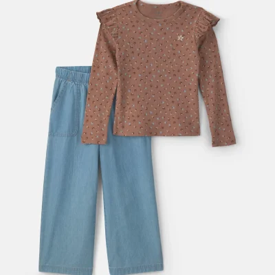 Girls 2-Piece Floral Chambray Long-Sleeve Top & Pant Set - Brown/Blue