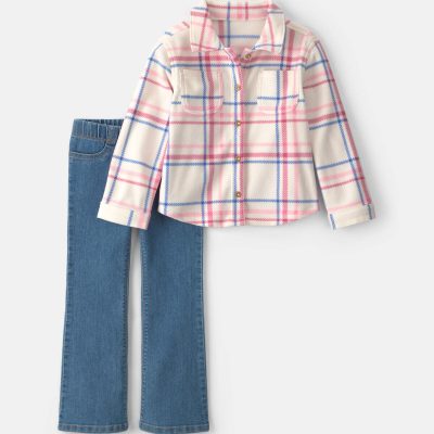 Girls 2-Piece Plaid Fleece Chambray Layering Set