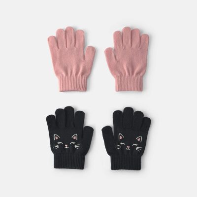 Girls 2-Pack Cat Halloween Winter Gloves - Black/Pink