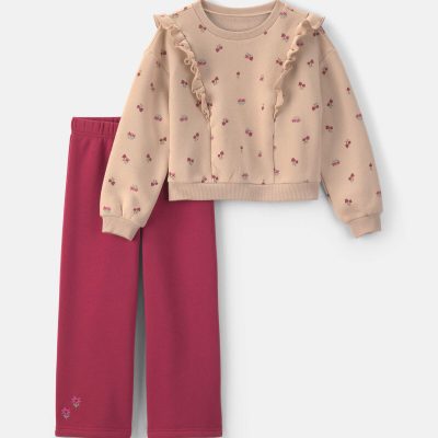 Girls 2-Piece Floral Fleece Long-Sleeve Top & Pant Set - Cream/Red