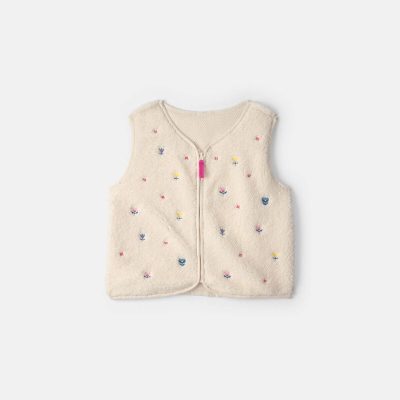 Girls Floral Teddy Fleece Vest - Cream