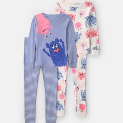 Girls 4-Piece Monster 100% Cotton Snug Fit Pajama Set - Blue/Cream